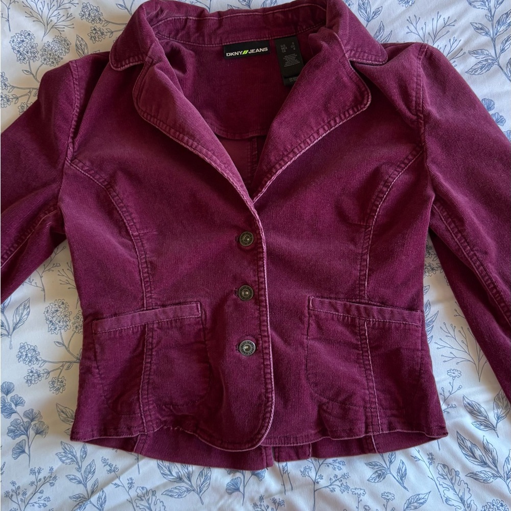 Dkny Magenta Corduroy Blazer with Structured Silhouette and Fitted Sleeves
